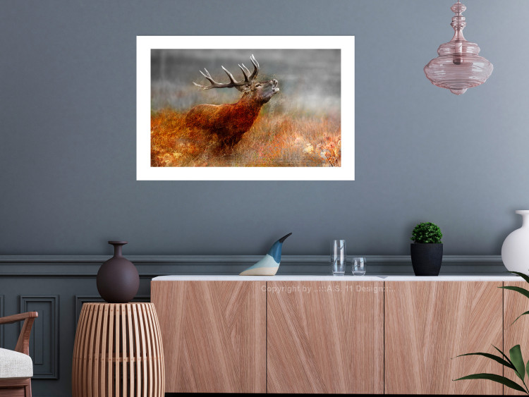 Poster Roaring Deer - woodland animal against an autumnal field landscape 114418 additionalImage 2