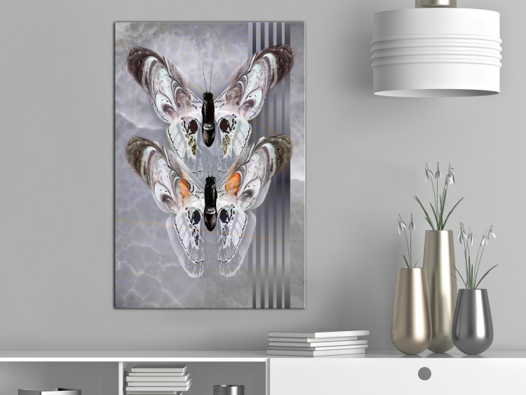 Canvas Print Butterflies in love - gray, elegant insects on a marble background 118318 additionalImage 3