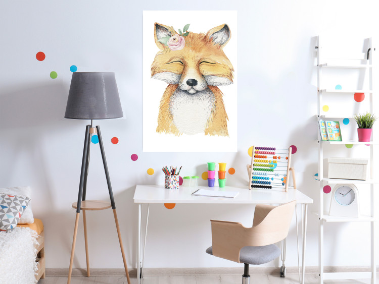 Wall Poster Red Fox - portrait of a red fox with a flower on a contrasting background 135718 additionalImage 15
