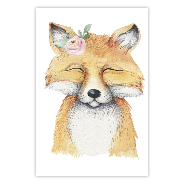 Wall Poster Red Fox - portrait of a red fox with a flower on a contrasting background 135718