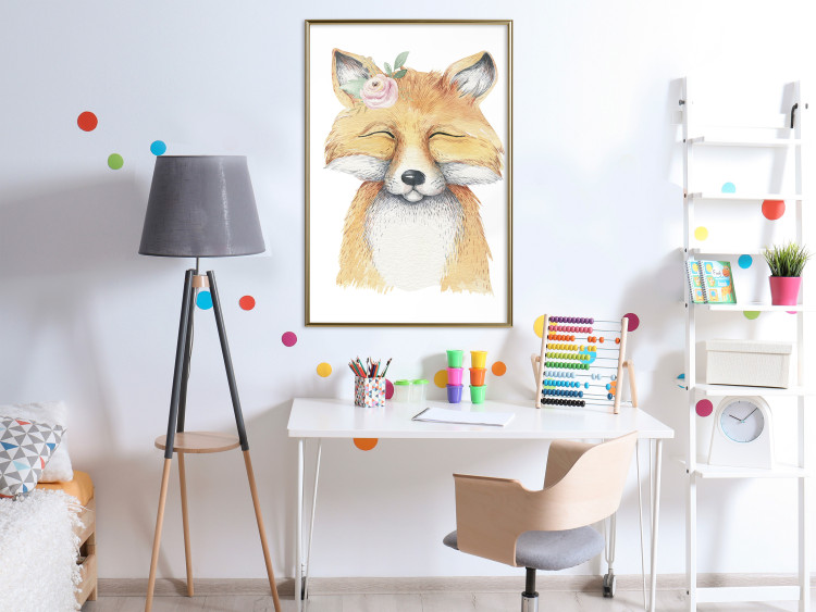 Wall Poster Red Fox - portrait of a red fox with a flower on a contrasting background 135718 additionalImage 17