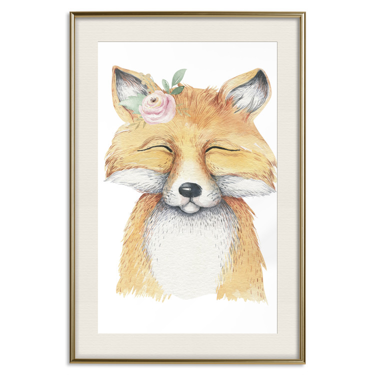 Wall Poster Red Fox - portrait of a red fox with a flower on a contrasting background 135718 additionalImage 4