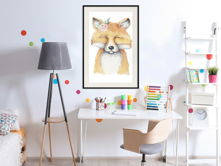 Wall Poster Red Fox - portrait of a red fox with a flower on a contrasting background 135718 additionalImage 14