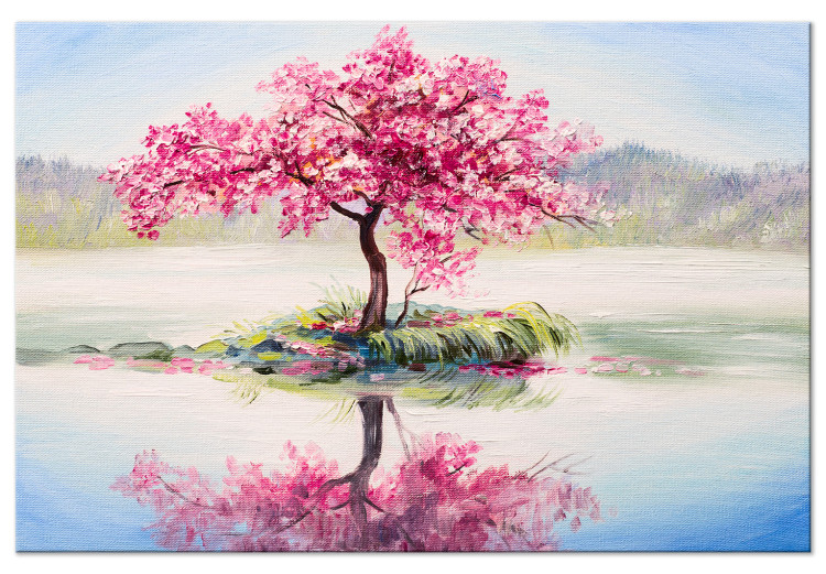 Canvas Art Print Blooming Island (1-piece) Wide - landscape of a tree with pink leaves 136318