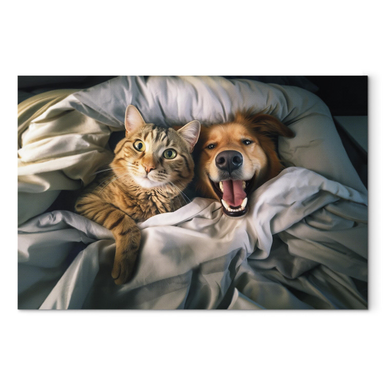 Canvas Art Print AI Golden Retriever Dog and Tabby Cat - Animals Resting in Comfortable Bedding - Horizontal 150118