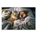 Canvas Art Print AI Golden Retriever Dog and Tabby Cat - Animals Resting in Comfortable Bedding - Horizontal 150118