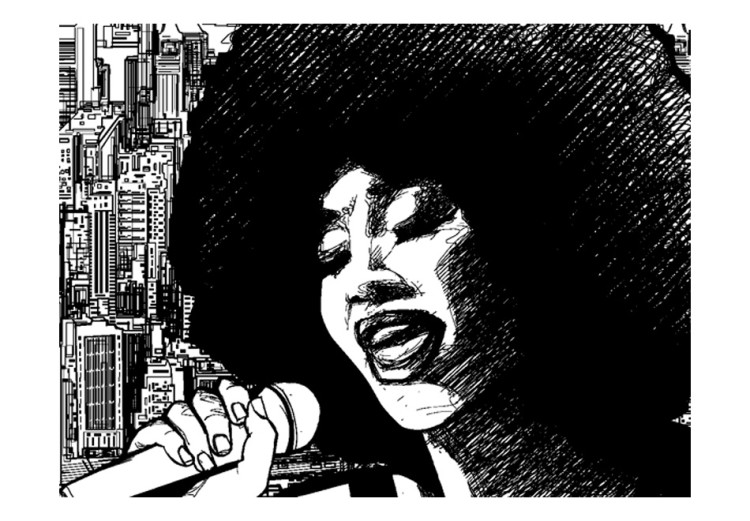 Photo Wallpaper Jazz Singer - Black and white woman singing against the backdrop of a city 61118 additionalImage 1