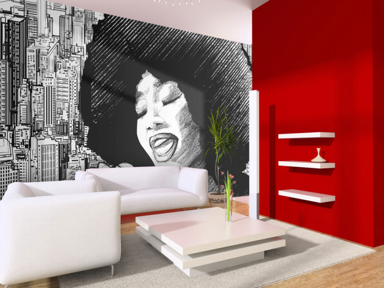 Photo Wallpaper Jazz Singer - Black and white woman singing against the backdrop of a city 61118