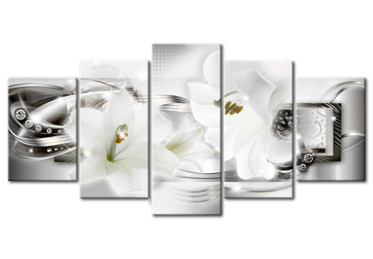 Canvas Print Diamond Glow of Lilies (5-piece) - Flowers on a Silver Abstract Background 93118