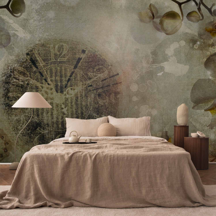 Photo Wallpaper Old clock - Vintage clock and orchid flowers on a beige background 97018 additionalImage 2