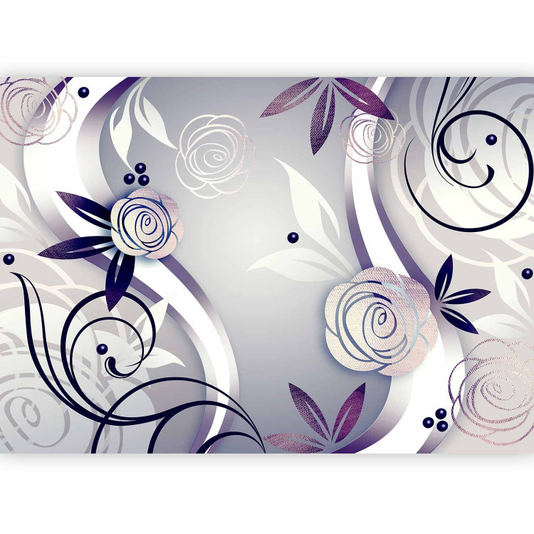 Photo Wallpaper Silver roses - beige floral background with subtle ornaments and ribbons 97118 additionalImage 1