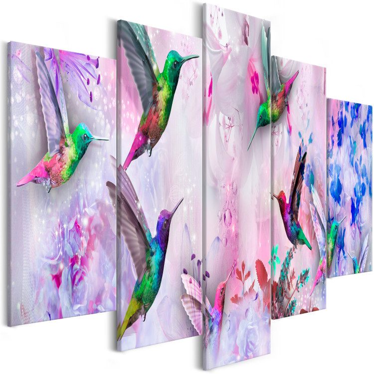 Canvas Print Colorful Hummingbirds (5-part) Wide Purple - Birds and Flowers 108028 additionalImage 2