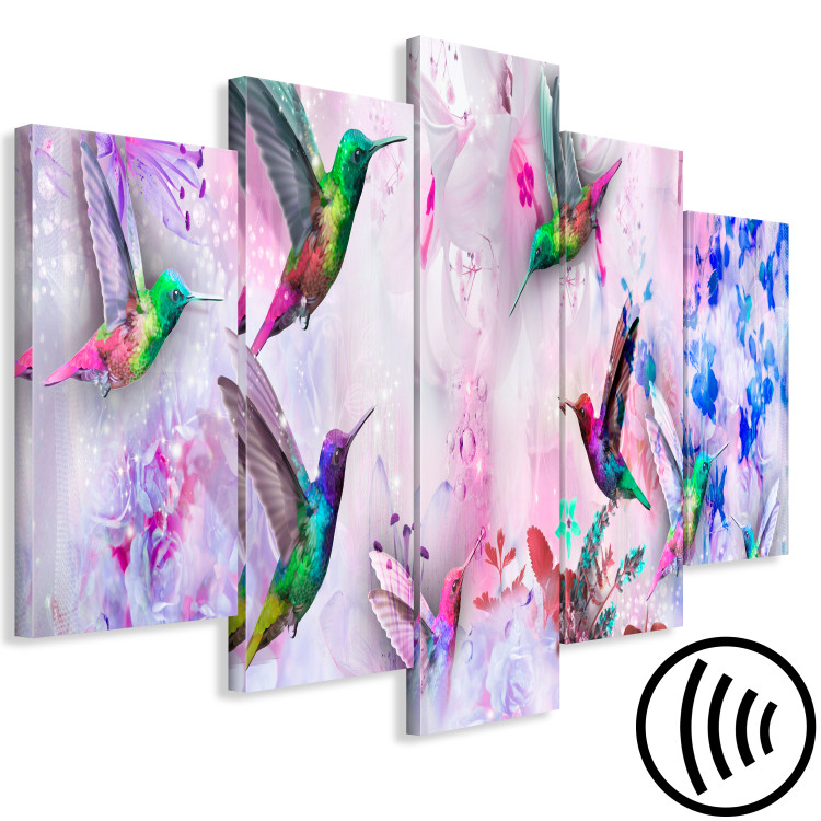 Canvas Print Colorful Hummingbirds (5-part) Wide Purple - Birds and Flowers 108028 additionalImage 6