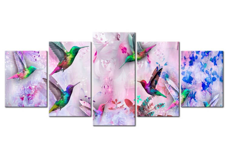 Canvas Print Colorful Hummingbirds (5-part) Wide Purple - Birds and Flowers 108028