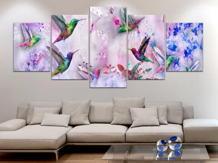 Canvas Print Colorful Hummingbirds (5-part) Wide Purple - Birds and Flowers 108028 additionalImage 3