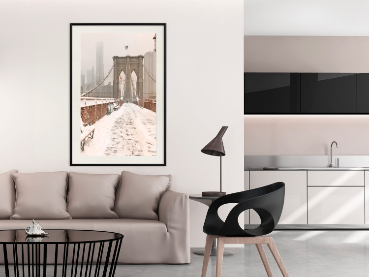 Poster Sepia Brooklyn Bridge - architecture in wintry and misty scenery 123828 additionalImage 21