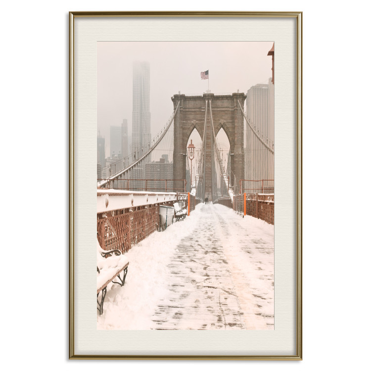 Poster Sepia Brooklyn Bridge - architecture in wintry and misty scenery 123828 additionalImage 23