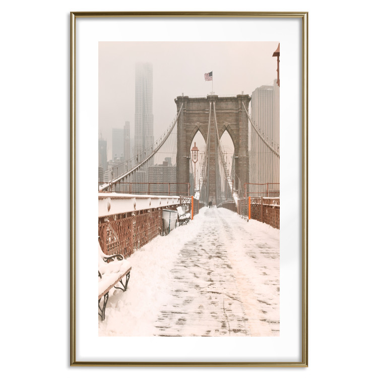 Poster Sepia Brooklyn Bridge - architecture in wintry and misty scenery 123828 additionalImage 27