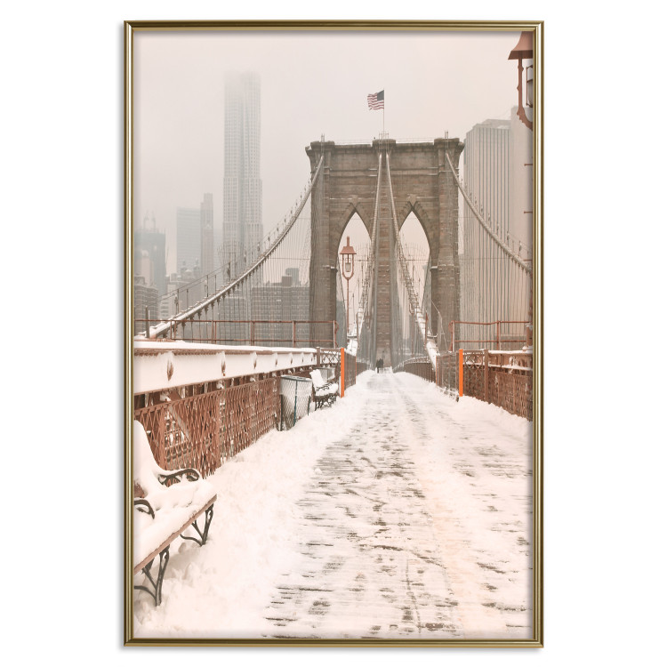Poster Sepia Brooklyn Bridge - architecture in wintry and misty scenery 123828 additionalImage 26