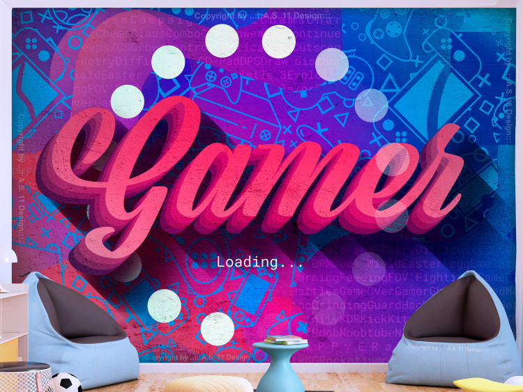 Photo Wallpaper Hobby - modern English lettering on a colourful background with a game motif 130428