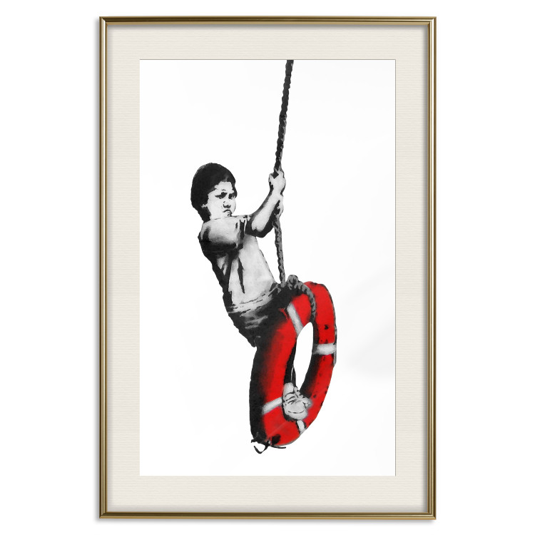 Wall Poster Banksy: Boy on a Swing - black and white boy on a swing with a wheel 132428 additionalImage 19