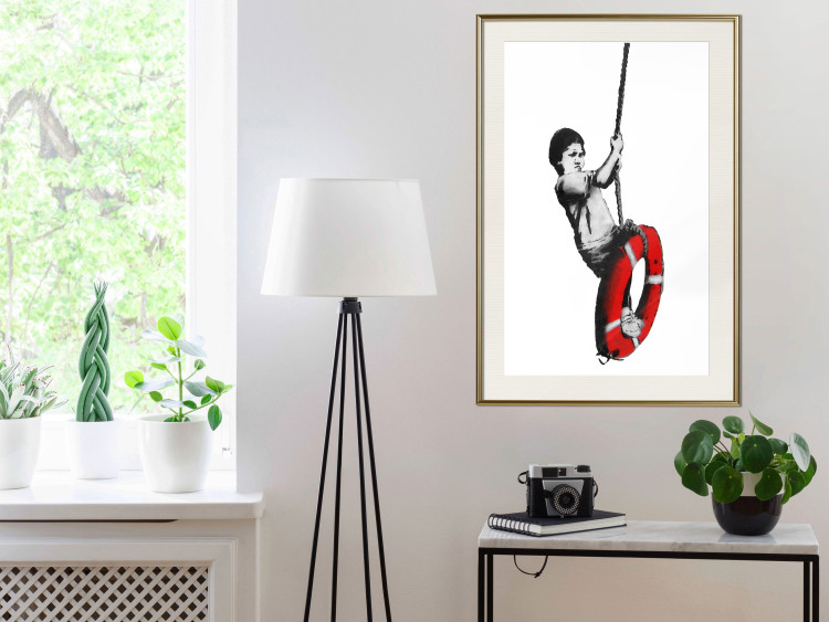 Wall Poster Banksy: Boy on a Swing - black and white boy on a swing with a wheel 132428 additionalImage 21