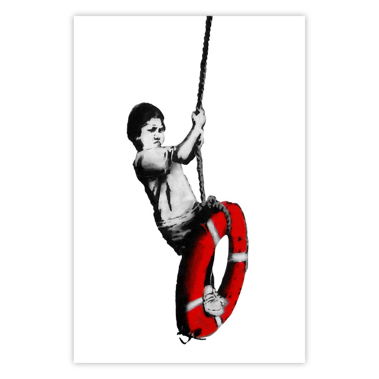 Wall Poster Banksy: Boy on a Swing - black and white boy on a swing with a wheel 132428