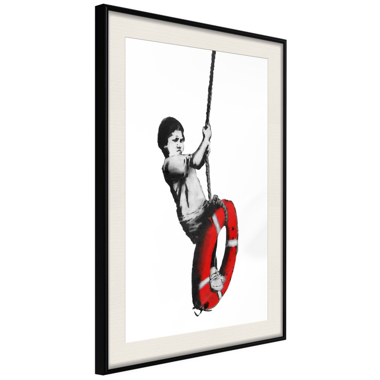 Wall Poster Banksy: Boy on a Swing - black and white boy on a swing with a wheel 132428 additionalImage 3