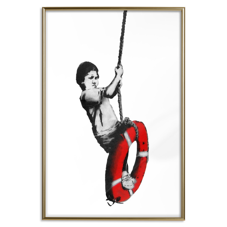 Wall Poster Banksy: Boy on a Swing - black and white boy on a swing with a wheel 132428 additionalImage 20