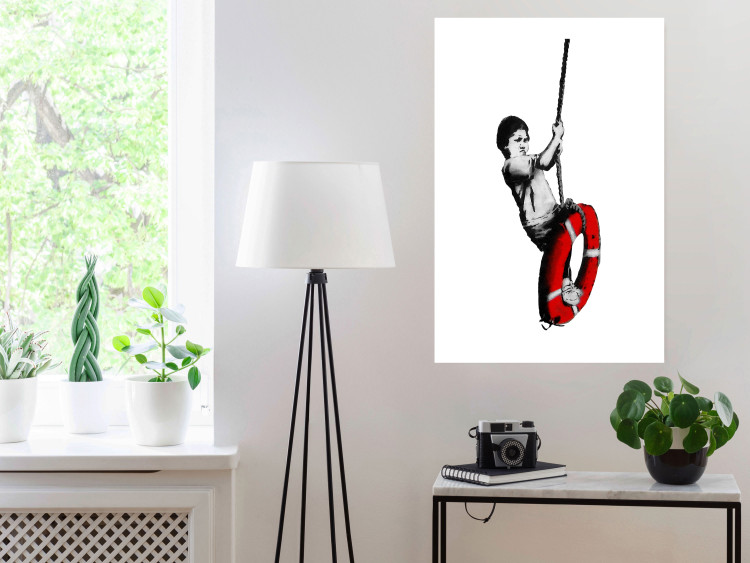 Wall Poster Banksy: Boy on a Swing - black and white boy on a swing with a wheel 132428 additionalImage 2
