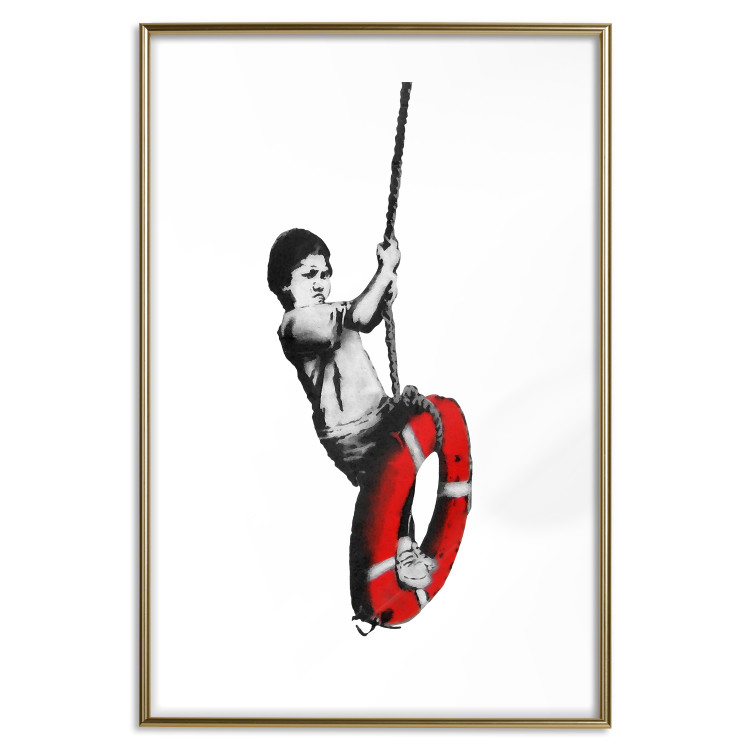 Wall Poster Banksy: Boy on a Swing - black and white boy on a swing with a wheel 132428 additionalImage 14
