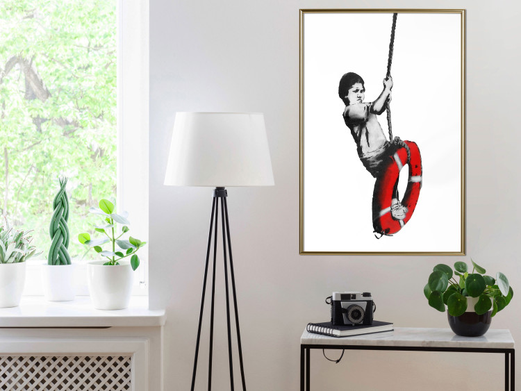 Wall Poster Banksy: Boy on a Swing - black and white boy on a swing with a wheel 132428 additionalImage 7