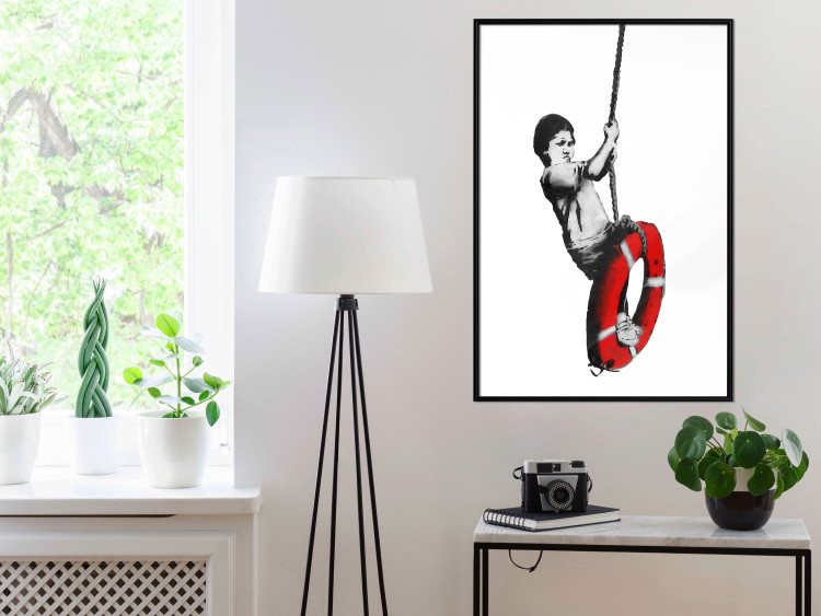 Wall Poster Banksy: Boy on a Swing - black and white boy on a swing with a wheel 132428 additionalImage 5
