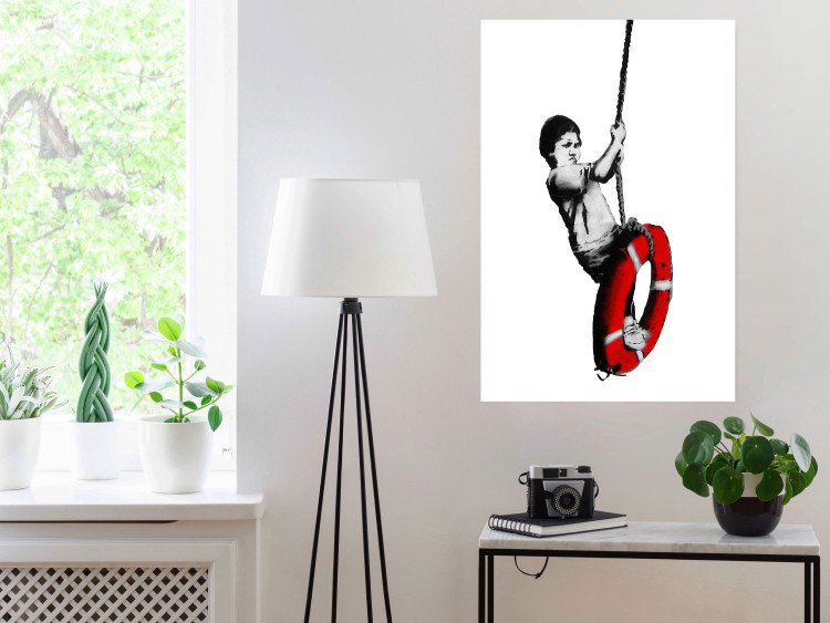 Wall Poster Banksy: Boy on a Swing - black and white boy on a swing with a wheel 132428 additionalImage 17