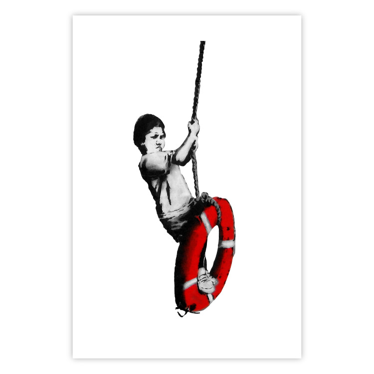 Wall Poster Banksy: Boy on a Swing - black and white boy on a swing with a wheel 132428 additionalImage 25