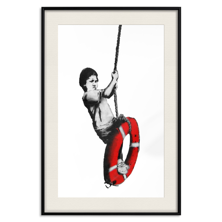 Wall Poster Banksy: Boy on a Swing - black and white boy on a swing with a wheel 132428 additionalImage 18