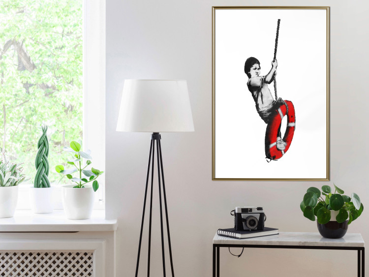 Wall Poster Banksy: Boy on a Swing - black and white boy on a swing with a wheel 132428 additionalImage 15