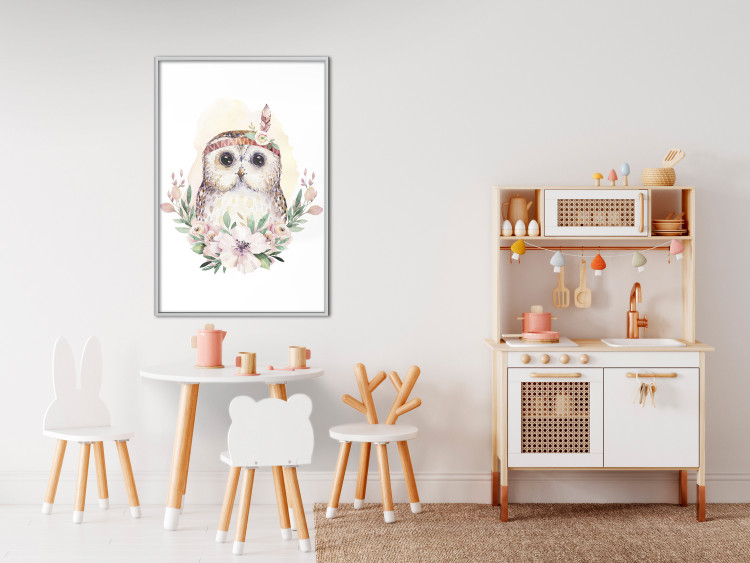 Poster Sabina the Owl - plant composition of light flowers and an owl on a white background 135728 additionalImage 10