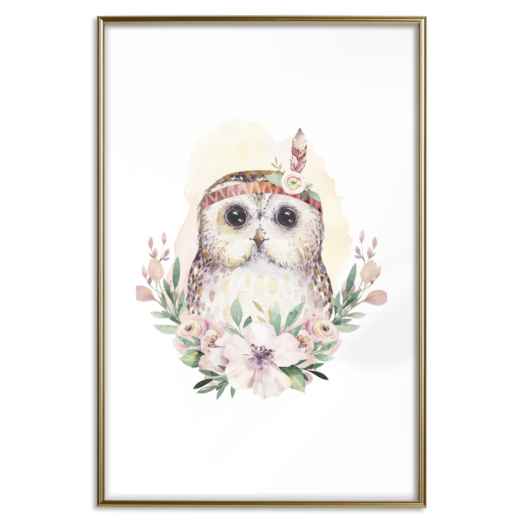 Poster Sabina the Owl - plant composition of light flowers and an owl on a white background 135728 additionalImage 27