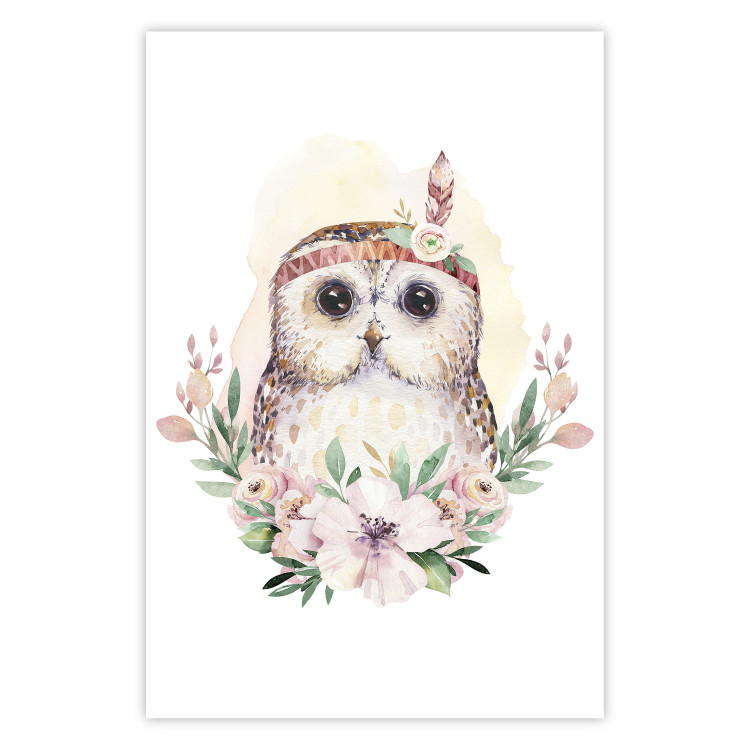Poster Sabina the Owl - plant composition of light flowers and an owl on a white background 135728