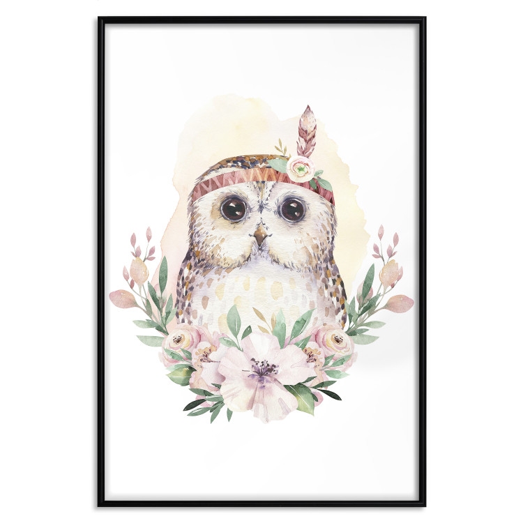 Poster Sabina the Owl - plant composition of light flowers and an owl on a white background 135728 additionalImage 2