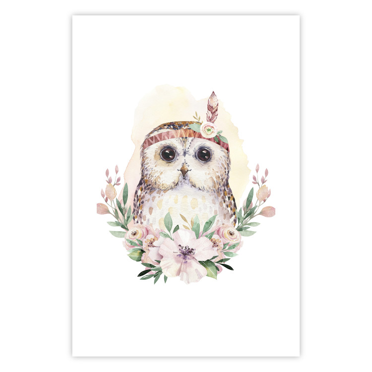 Poster Sabina the Owl - plant composition of light flowers and an owl on a white background 135728 additionalImage 3