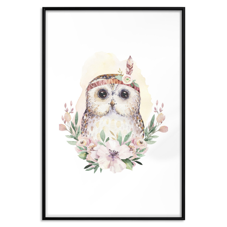 Poster Sabina the Owl - plant composition of light flowers and an owl on a white background 135728 additionalImage 25