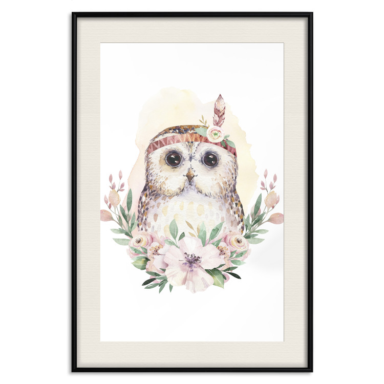 Poster Sabina the Owl - plant composition of light flowers and an owl on a white background 135728 additionalImage 26