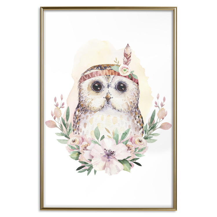 Poster Sabina the Owl - plant composition of light flowers and an owl on a white background 135728 additionalImage 17