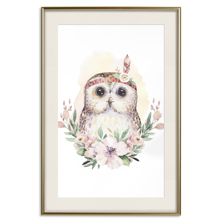 Poster Sabina the Owl - plant composition of light flowers and an owl on a white background 135728 additionalImage 22