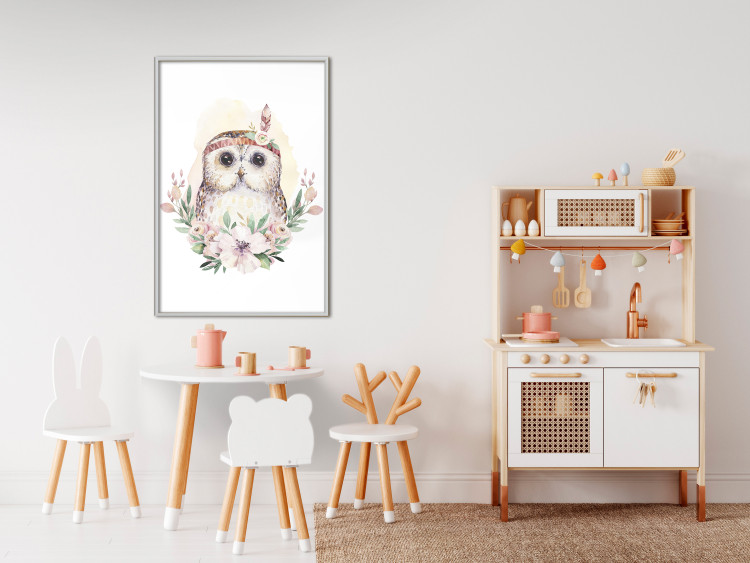 Poster Sabina the Owl - plant composition of light flowers and an owl on a white background 135728 additionalImage 8