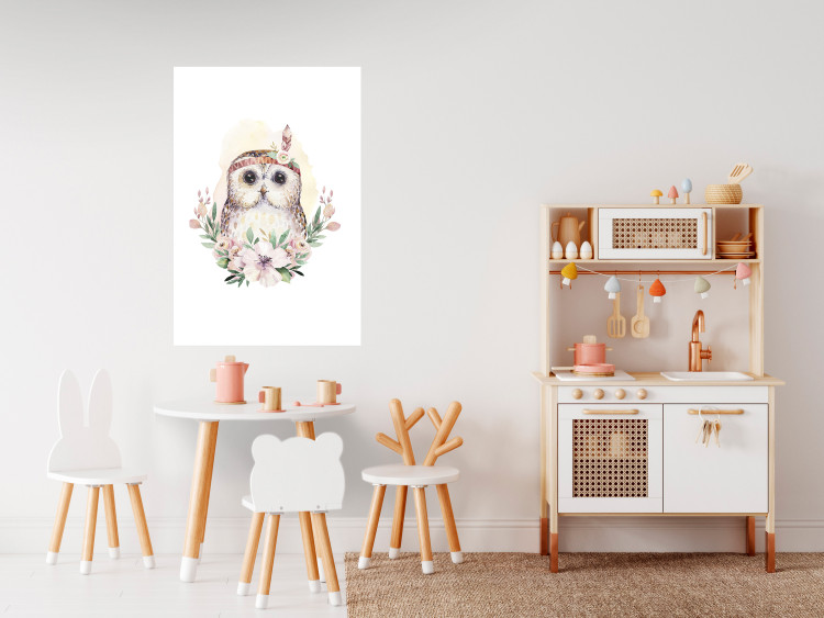 Poster Sabina the Owl - plant composition of light flowers and an owl on a white background 135728 additionalImage 12