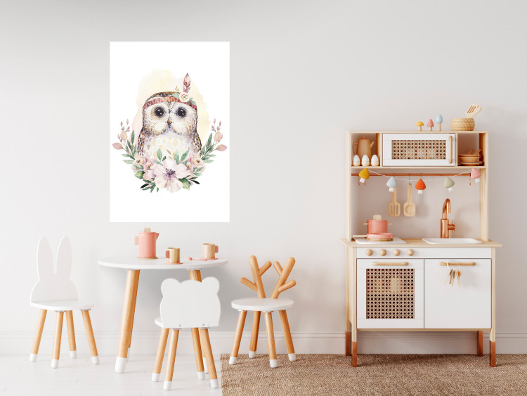 Poster Sabina the Owl - plant composition of light flowers and an owl on a white background 135728 additionalImage 5