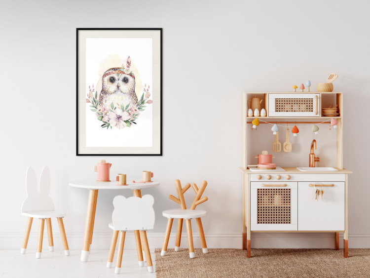 Poster Sabina the Owl - plant composition of light flowers and an owl on a white background 135728 additionalImage 8